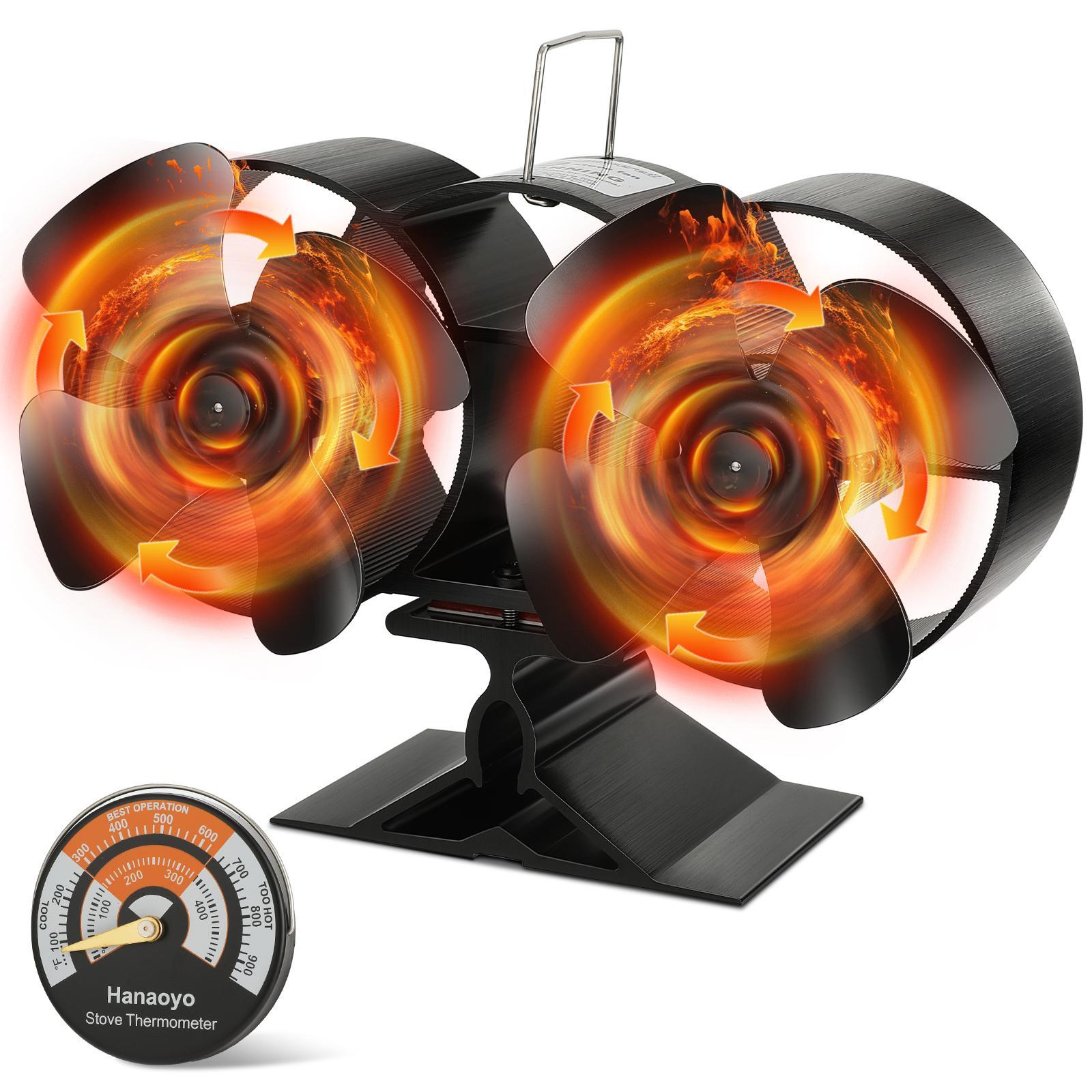Dual-Motor Heat-Distribution Stove Fan with Thermometer, Quiet-Operating Eco-Friendly Fan for Outdoor Heating, Wood-Burning Outdoor Fireplace Accessory