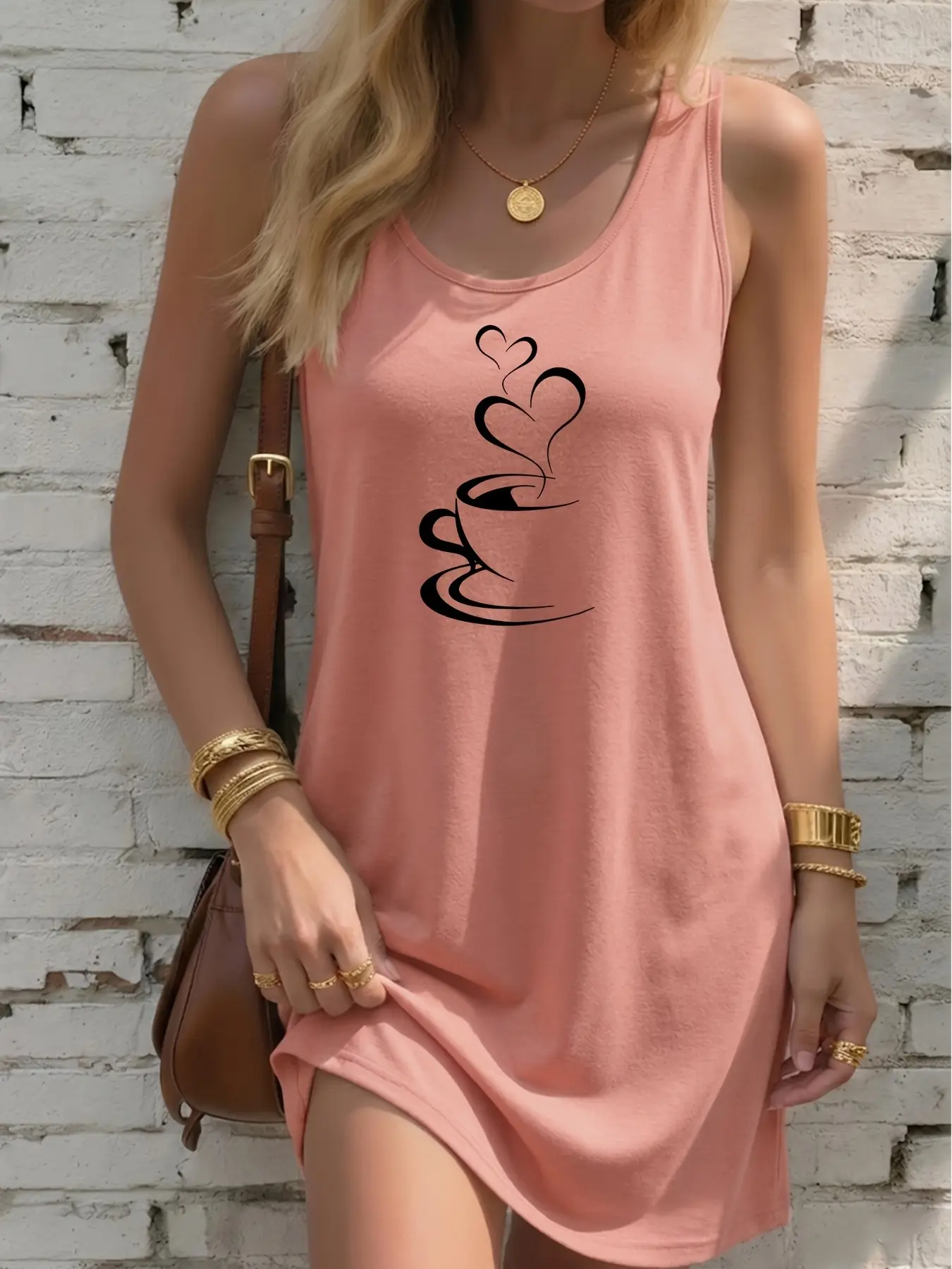 New Summer Women's Knitted Vest Dress, Letter Heart Coffee Pattern Print, Casual Sleeveless Round Neck Top, Trendy Fashion