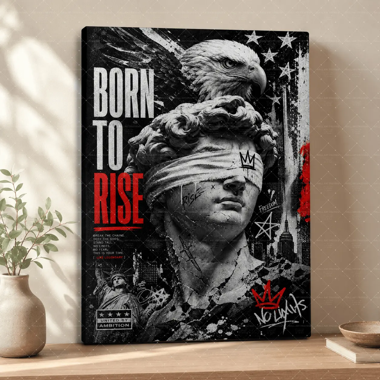 Born to Rise Canvas Poster| Patriotic Eagle Statue Wall Art| American Flag Graffiti Canvas Print for Living Room Bedroom Office,wall decor,poster.