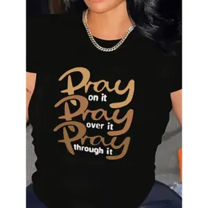 Women's Prayer Letter Printed Round Neck Short Sleeve T-shirt, Prayer to God Prayer to God Prayer to God Pattern T-shirt for Women's Top