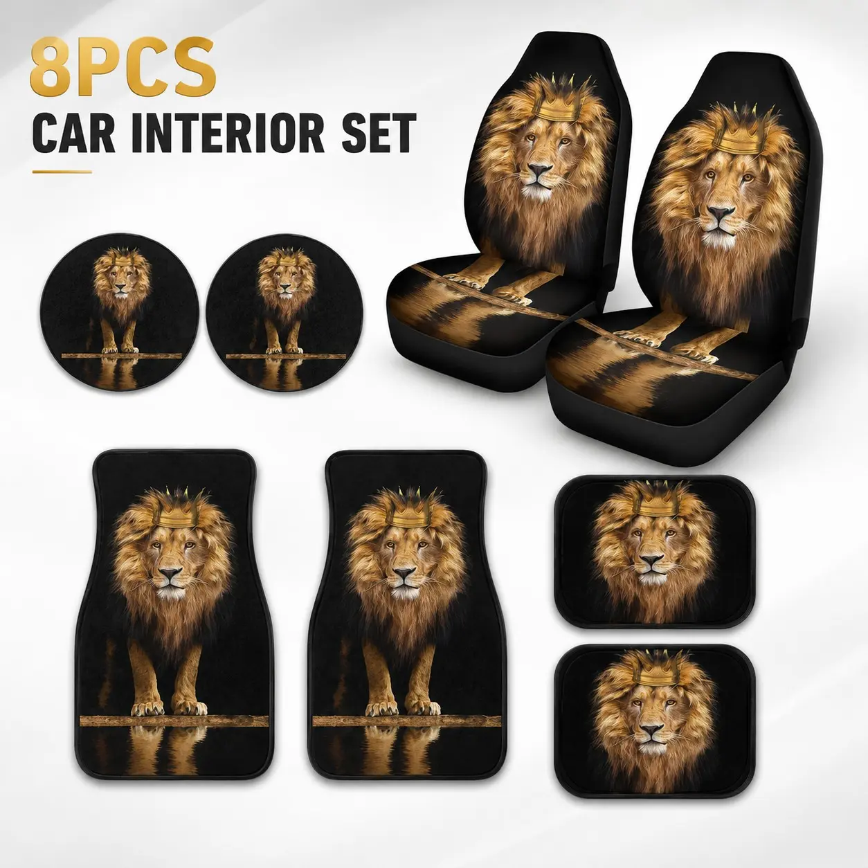 8pcs Lion Print Car Interior Accessories Set, Car Decoration Set, Car Decorations Interior, Universal Front Seat Covers, 4pcs Floor Mats, 2pcs Cup Holders for Sedan Suv Truck, Car Interior Kit