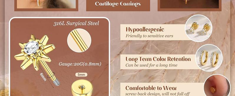 CASSIECA 20G Flat Back Earrings Cartilage Earring Sets for Multiple Piercing Surgical Stainless Steel Earrings for Women Trendy Earring Stacks Small Huggie Hoops Flatback Stud Earrings Set