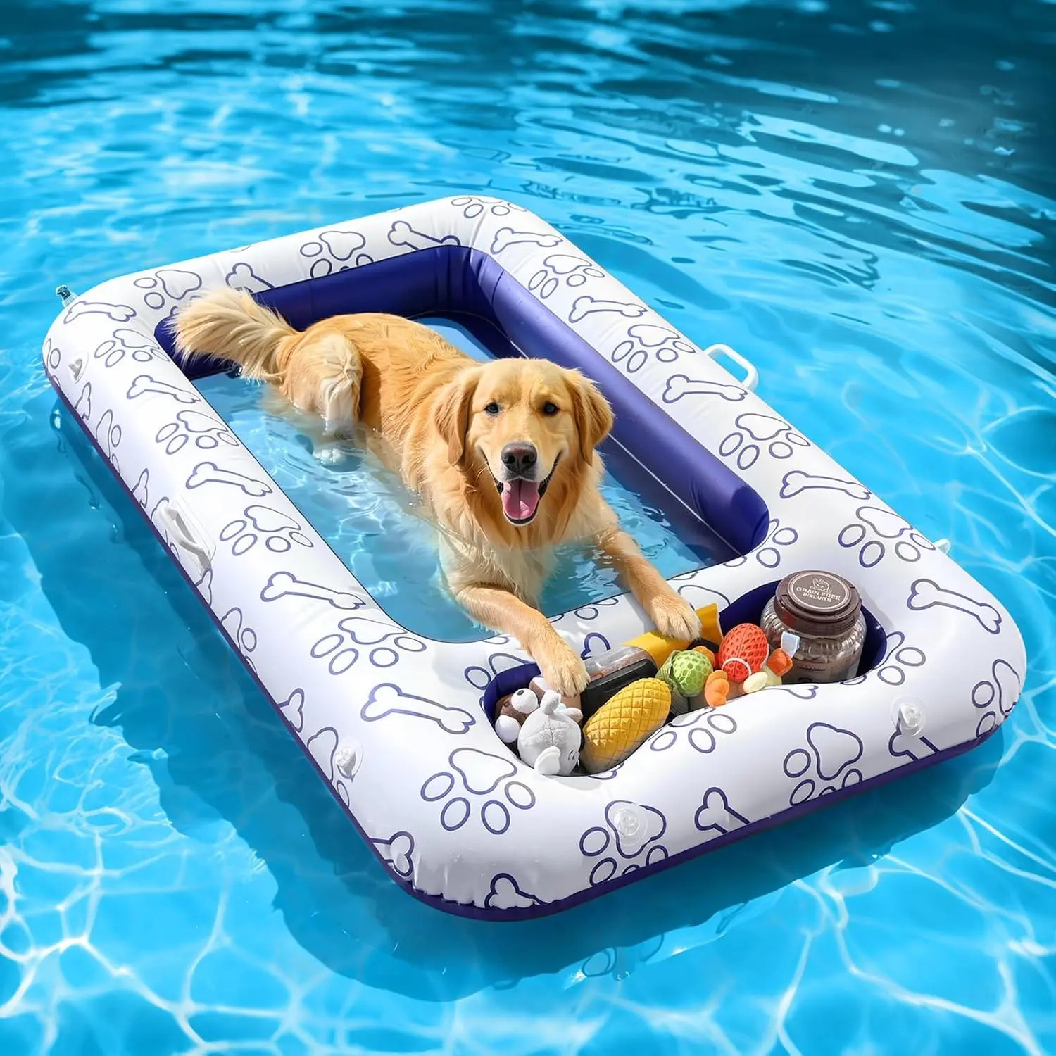 Dog Pool Float, 59 x 35 Inch Pool Floats for Small, Medium and Large Dogs, Floating Bed with Built-in Storage Area for Pet Toys and Food, Inflatable Dog Pool Float for Lake Camp