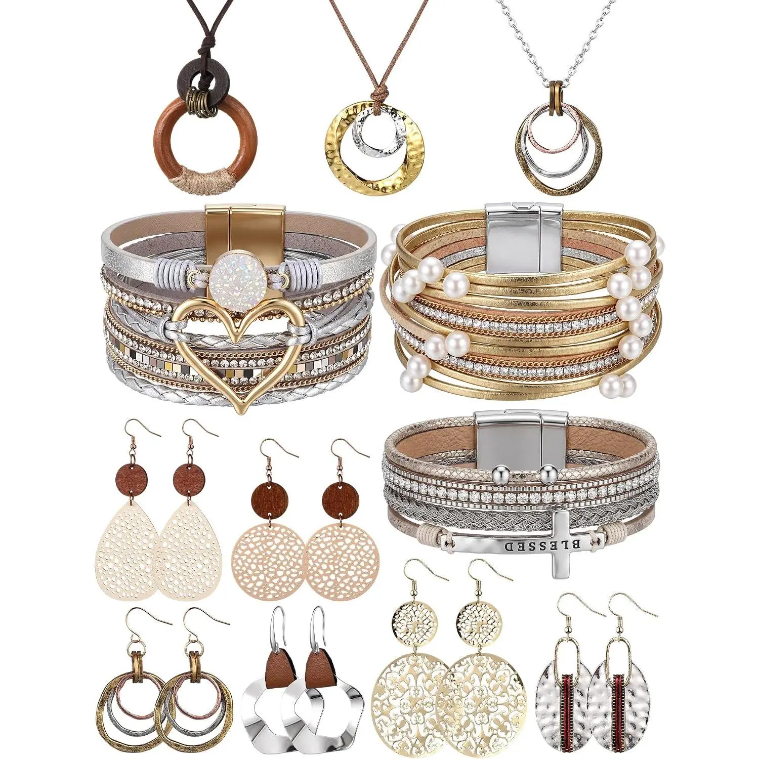 12 count Boho  Set for Women Bohemian   Set with Long Pendant Necklace Dangle Earrings and Stackable Bangle Bracelets Accessories for Women Friendship