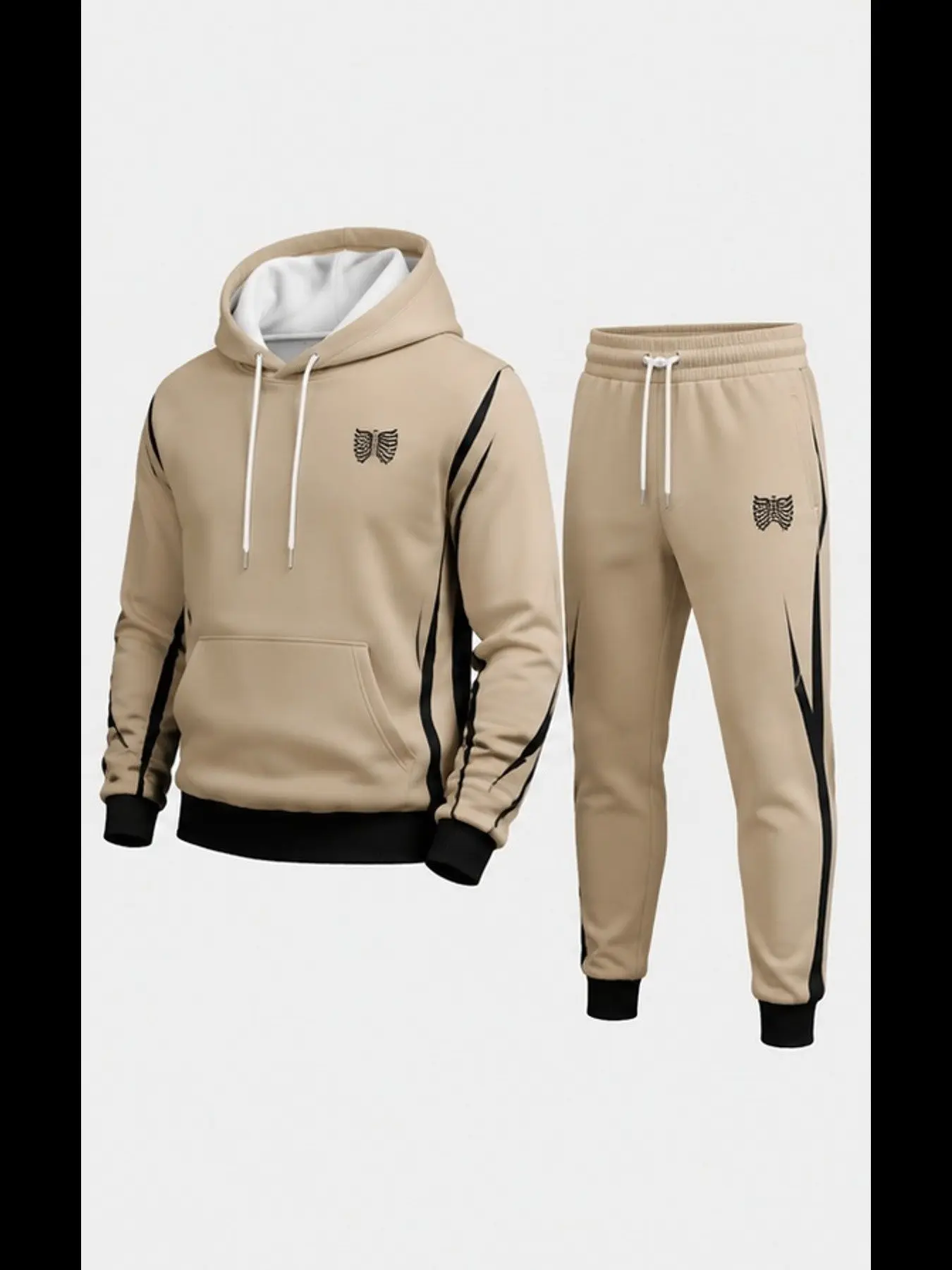Men's Side Stripe Embroidered Hoodie Sweatpants Set, Casual Loose Fit, Fall Winter Sportswear, Asymmetrical Design