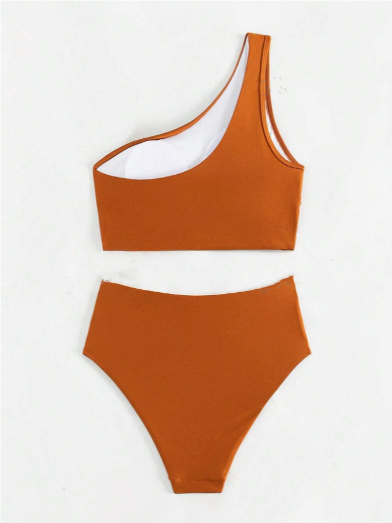 Ladies' pure-colored asymmetric-neck sleeveless pleated slim-fitting split swimsuit, Solid Ruched Swim Suits, with a shiny fabric that shines like stars, 2026 new, suitable for vacation, hot spring tourism, and gatherings, high-waisted