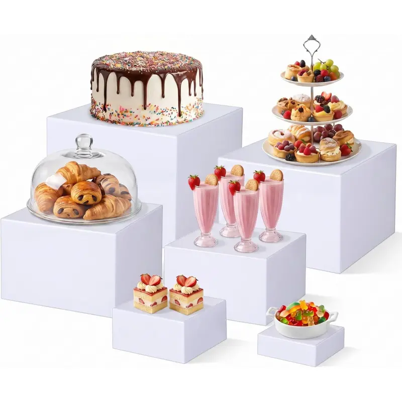 6 PCS Acrylic Buffet Risers, Nesting Display Stands, Cake Display Holder for Food & Dessert Table, White Cube Boxes for Party Catering & Collectibles (8" to 3" Set)