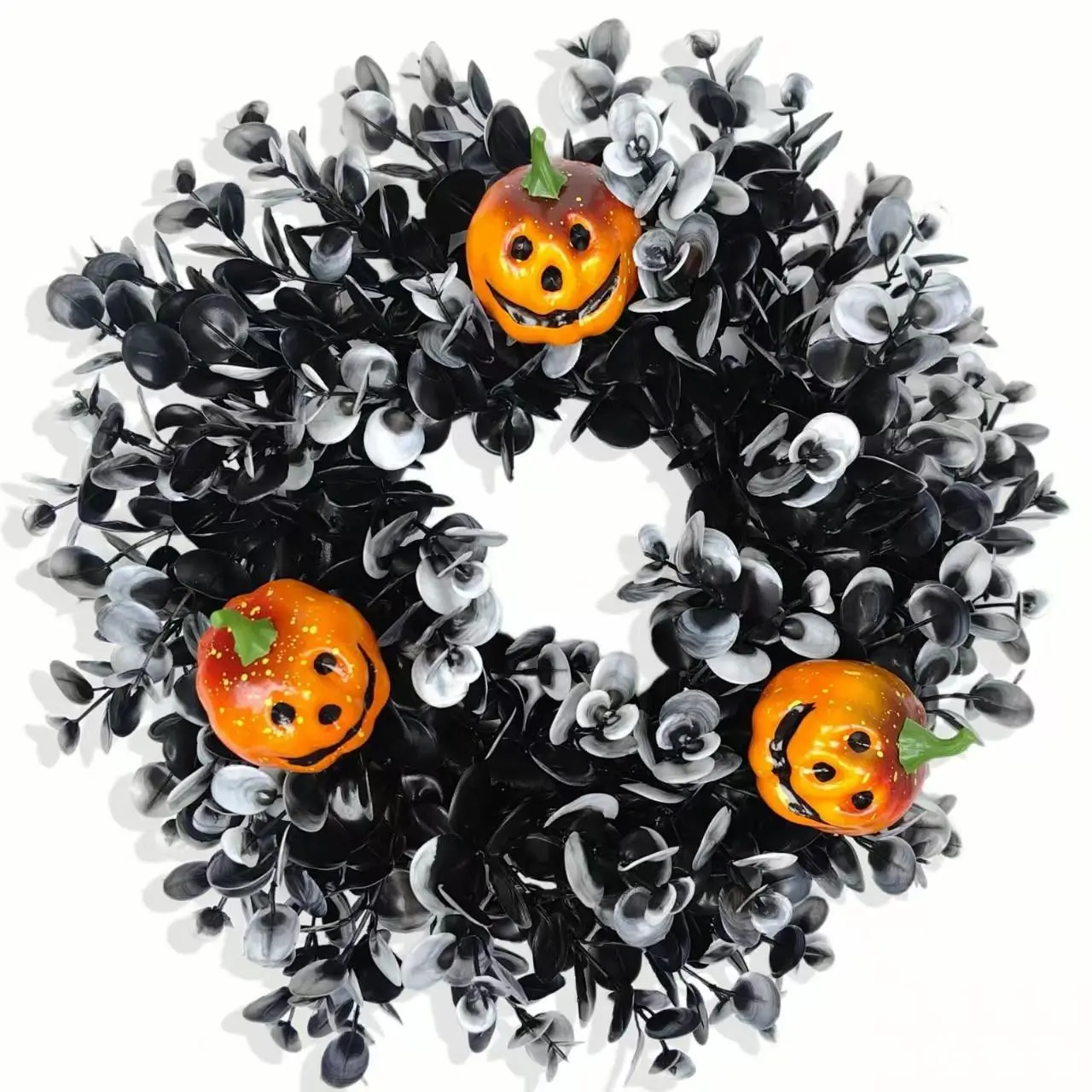 Halloween Ghost Wreath, Pumpkin and Eucalyptus Combo, Lightweight Plastic, Indoor Outdoor Hanging, Halloween Thanksgiving Party Decor