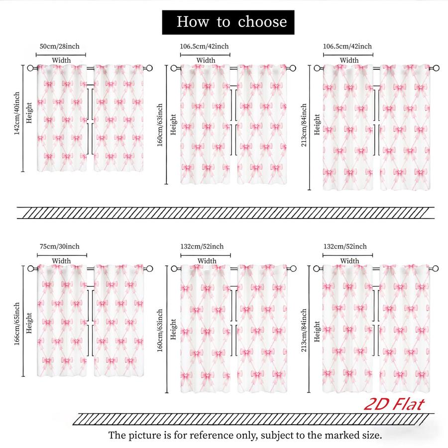 2Pcs Cute Pink Bowknot Pattern Curtains Digital Printed Rod Pocket for Bedroom Office Kitchen Living Room Study Home Decor Soft Light Filter Easy Installation