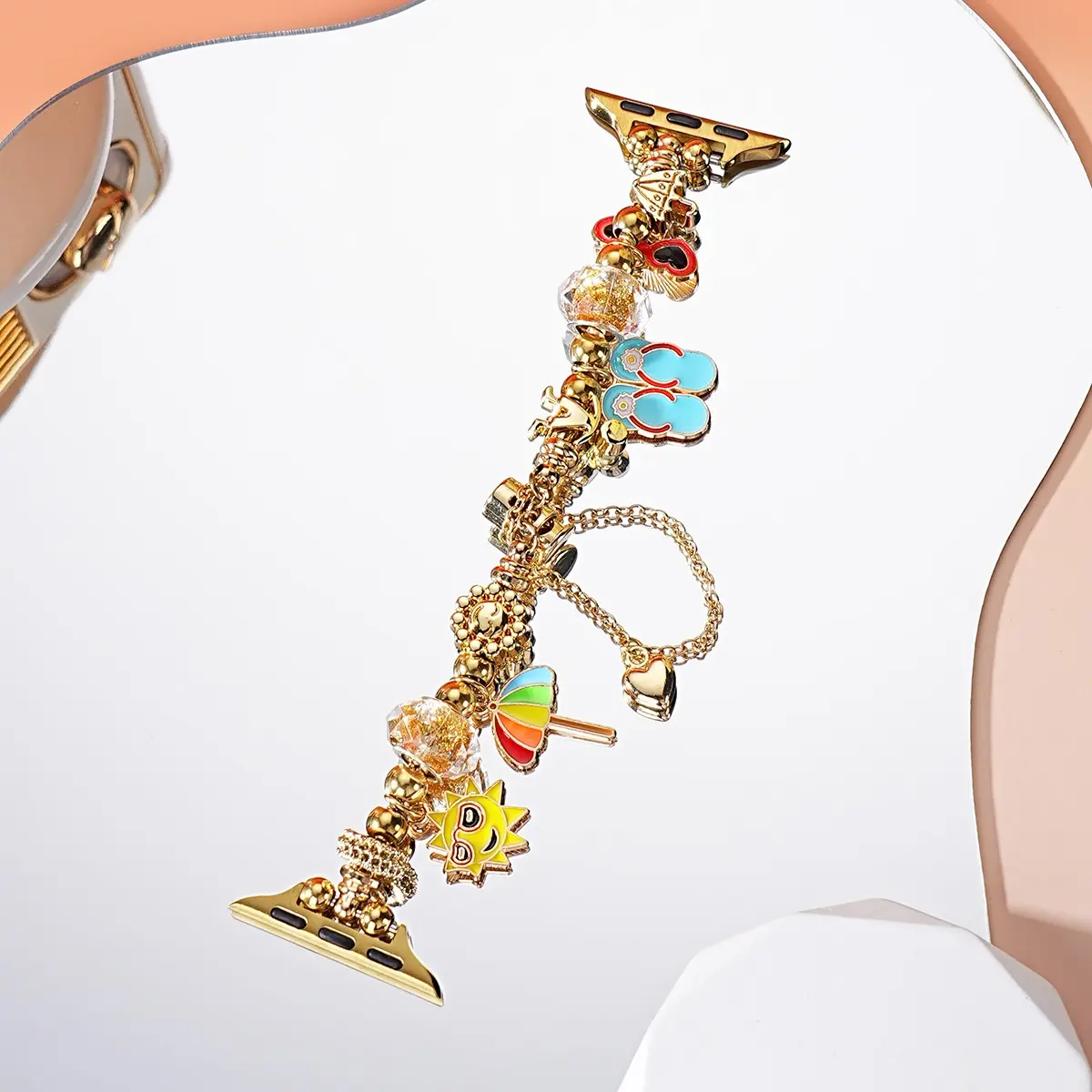 Women Beaded Bracelet Style Watch Band for Apple Watch 38-49mm with Umbrella Motif Butterfly Sunglasses Pendant Adjustable Strap, Perfect for Parties Festivals Daily Wear Gift