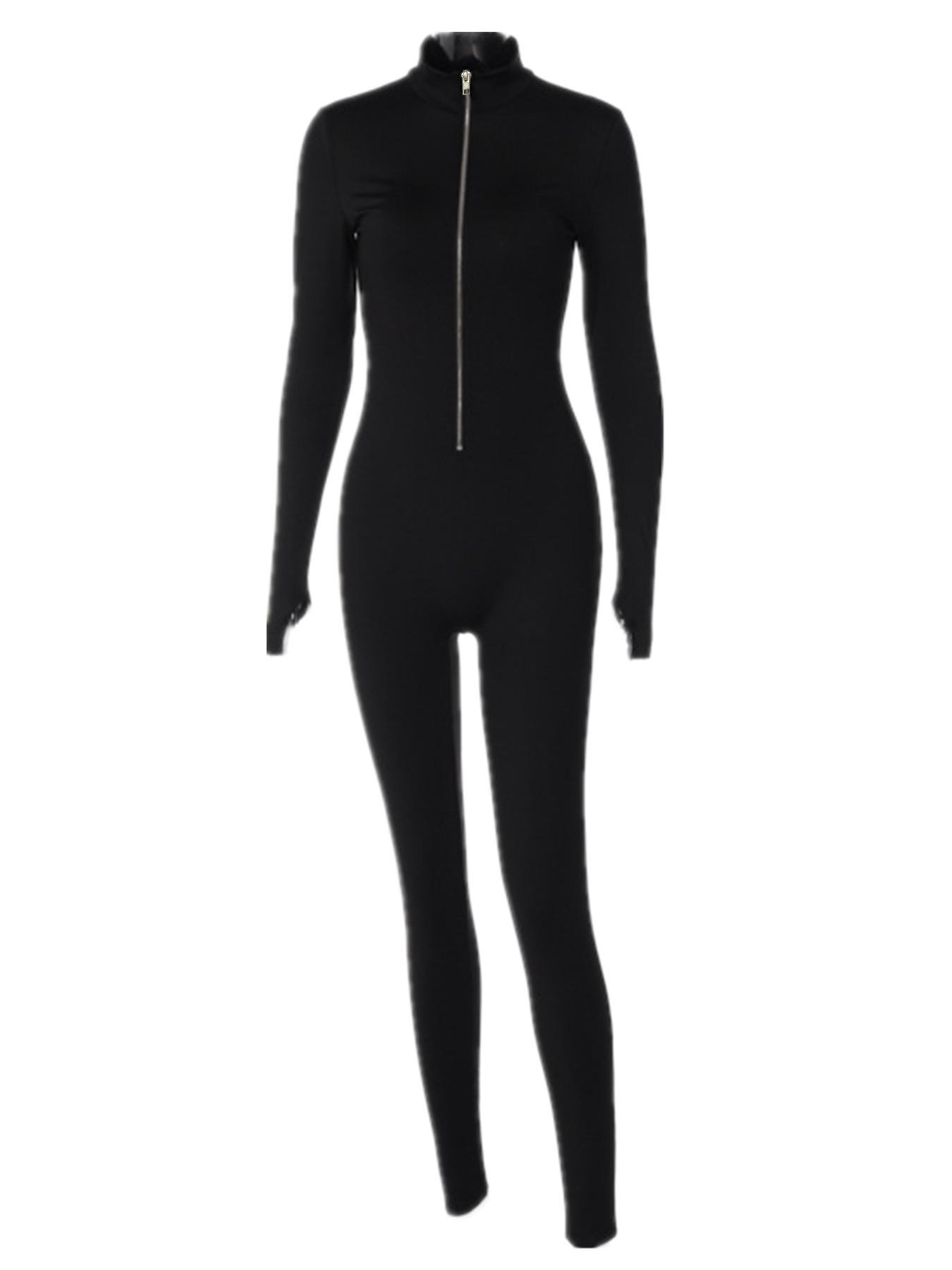 Women's Solid Zip Up Thumb Hole Design Bodysuit, Slim Fit Casual Basic Long Sleeve Stand Collar Bodycon Bodysuit, Zipper Corset Bodysuit for Fall & Winter, Women's Clothes for Daily Wear, Longsleeves Womenswear