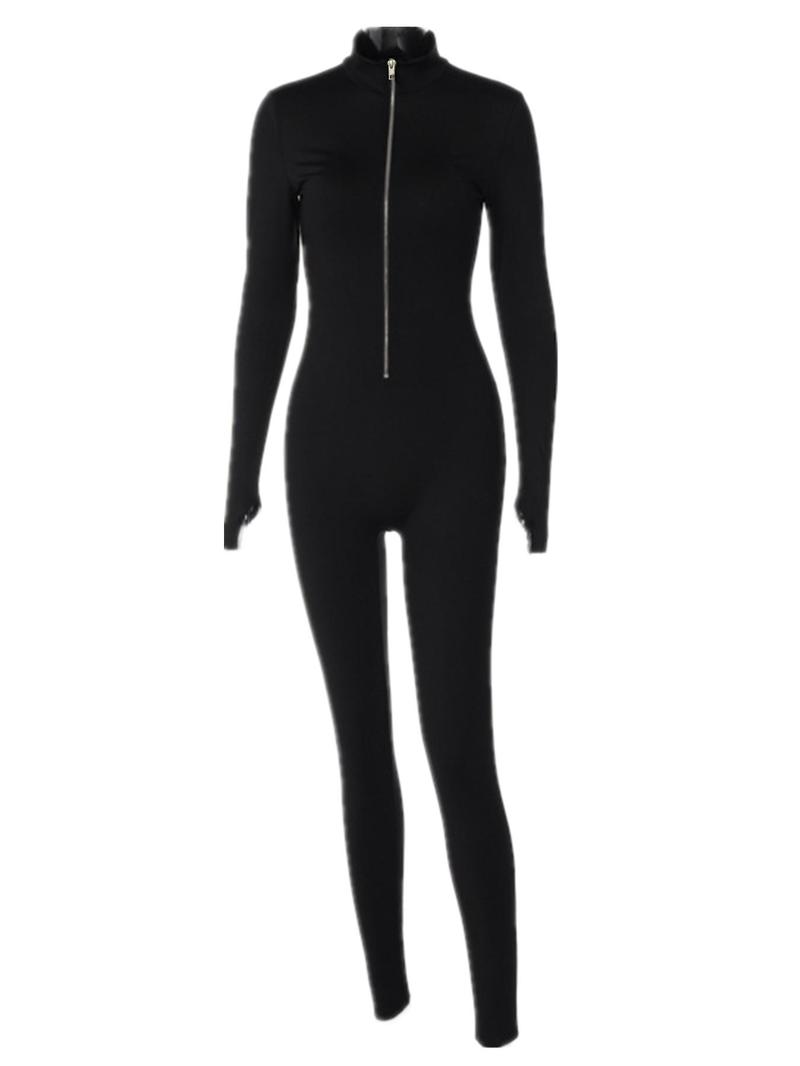 Women's Solid Zip Up Thumb Hole Design Bodysuit, Slim Fit Casual Basic Long Sleeve Stand Collar Bodycon Bodysuit for Fall & Winter, Women's Clothes for Daily Wear, Longsleeves Womenswear