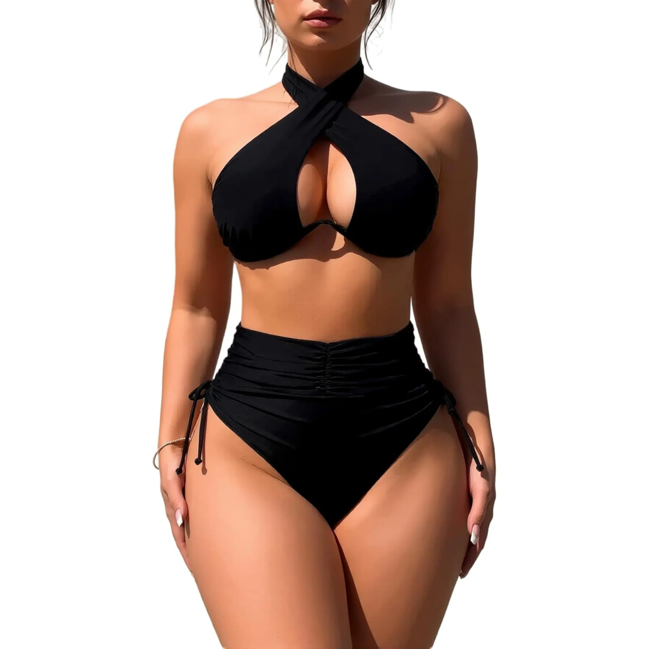 Women's 2-Piece Halter Neck Swimsuit Sets - Push-Up Support Keyhole Top, High-Waisted Ruched Tummy Control Bathing Suit for Women