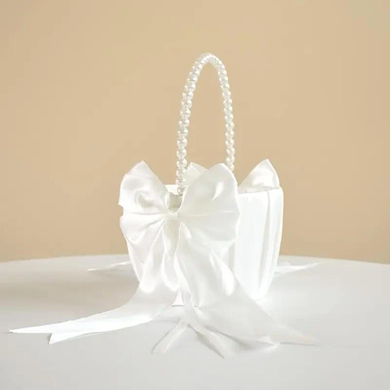 Elegant Cream Ruched Satin Flower Girl Basket, Pearl Beaded Handle, Large Satin Bow, Wedding Rose Petal Confetti Basket, Party Decor Gift Basket