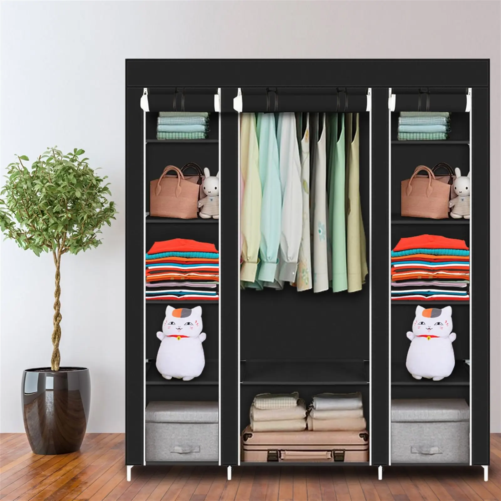69" Portable Non-Woven Fabric Clothes Closet Wardrobe Storage Organizer, Quick & Easy to Assemble, Extra Strong & Durable, Black Home Storage Rack