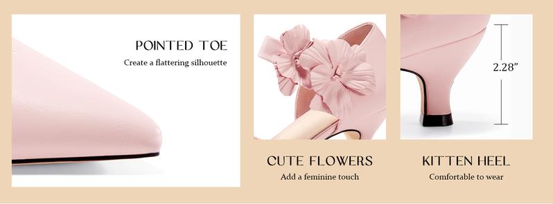 Coutgo Women's Low Kitten Heels Dressy Shoes Comfortable Closed Toe Flower Slip On Formal Party Dance Heeled Pumps Classy Fashion Decor Footwear