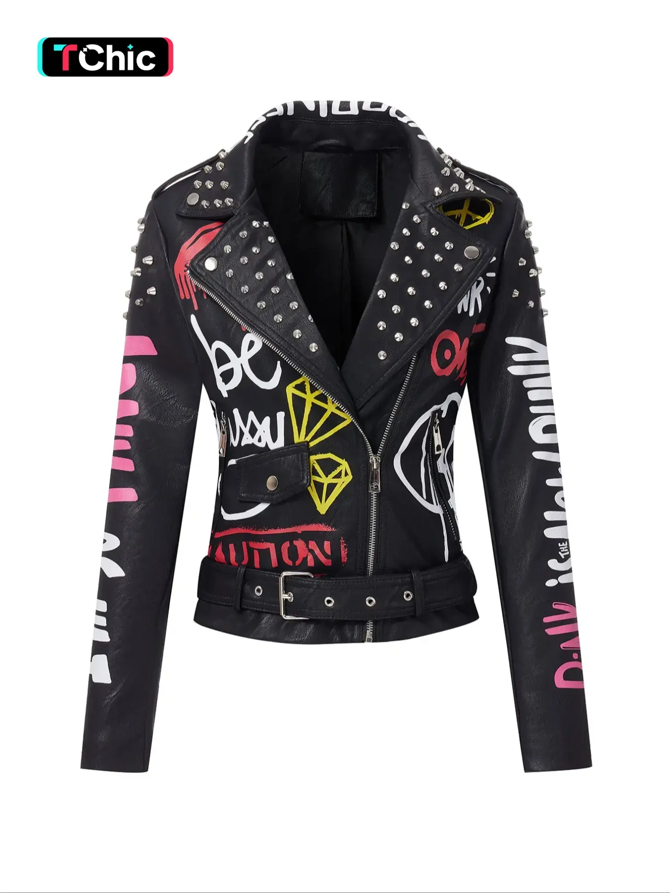 Women's PU Jacket with Belt, Casual Fitted Biker Style, Letter Print, Rivet Zipper Design, All Season Wearable Outerwear