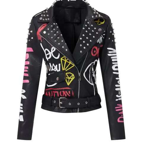 Women's PU Jacket with Belt, Casual Fitted Biker Style, Letter Print, Rivet Zipper Design, All Season Wearable Outerwear