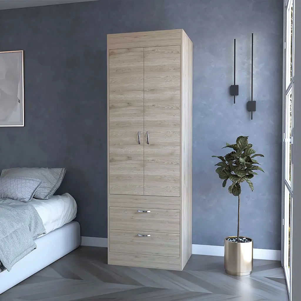 Nokaa Alabama Armoire with Hanging Rod, Double Door Cabinet, 2 Drawers, Engineered Wood, Light Gray, Contemporary Bedroom Storage, 23.3W x 18.8D x 70.4H in, Easy Assembly, FSC Certified, TSCA Compliant