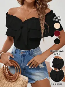 Women's Summer Solid Color Off-Shoulder Multi-Layer Chiffon Knit Top, Daily Wear One-Shoulder Ruffle Tie Slim Fit Shirt