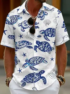 Men's beach vacation short-sleeved shirt with white background, blue turtle, shell, and starfish prints