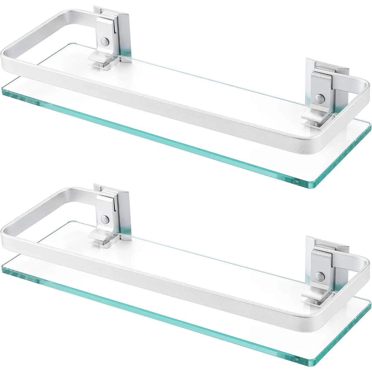Glass Shelves for Bathroom, Floating Tempered Glass Shelves 14 Inch | Aluminum Extra Thick 2 Pack Rectangular Storage Organizer Wall Mount Silver, A4126A-P2