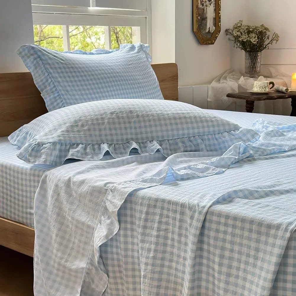 Light Blue Gingham Ruffle Full Sheet Set, Blue Soft Pre-Washed Microfiber Plaid Full Bed Sheets, 4-Pieces Farmhouse Sheet Set with Deep Pocket
