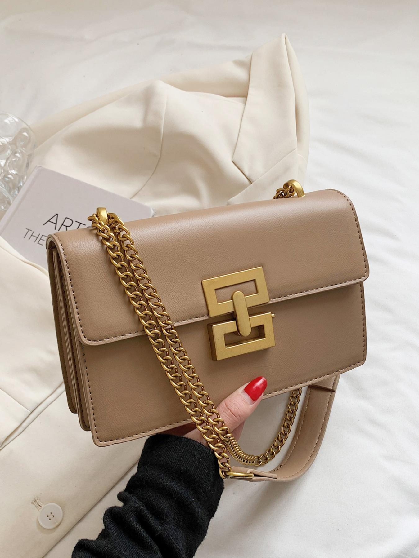 Women's Chain Strap Pu Leather Crossbody Bag, Simple All-match Solid Color Bag with Buckle Design, Trendy Shoulder Bag for Daily Used, Fashionable Crossbody Bag, Leather Crossbody Purses, Casual Shoulder Bag