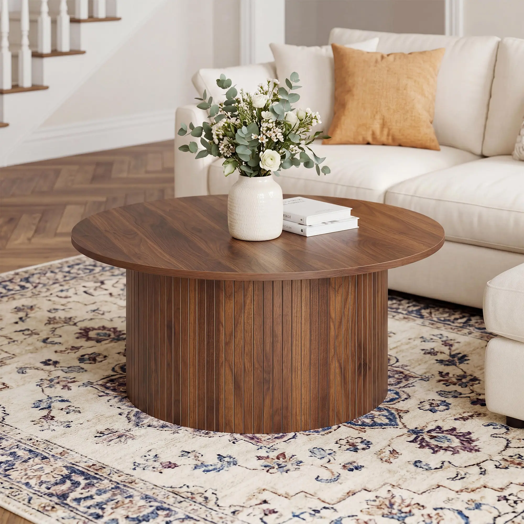 31.5" Round Coffee Table, Small Coffee Table with Fluted,Circle Table with Metal Frame for Living Room