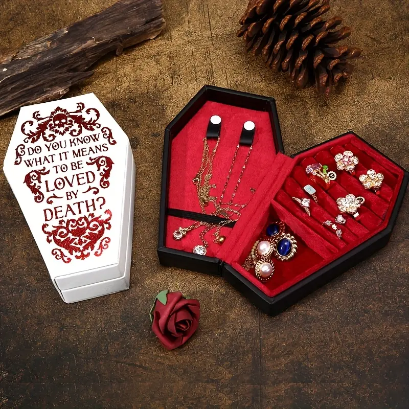 PVC Leather Coffin Shaped Durable Jewelry Box with Red Velvet Lining, Gothic Style Ring Earring Necklace Storage Case, Unique Desktop Jewellery Organizer Accessory Holder Gift Box
