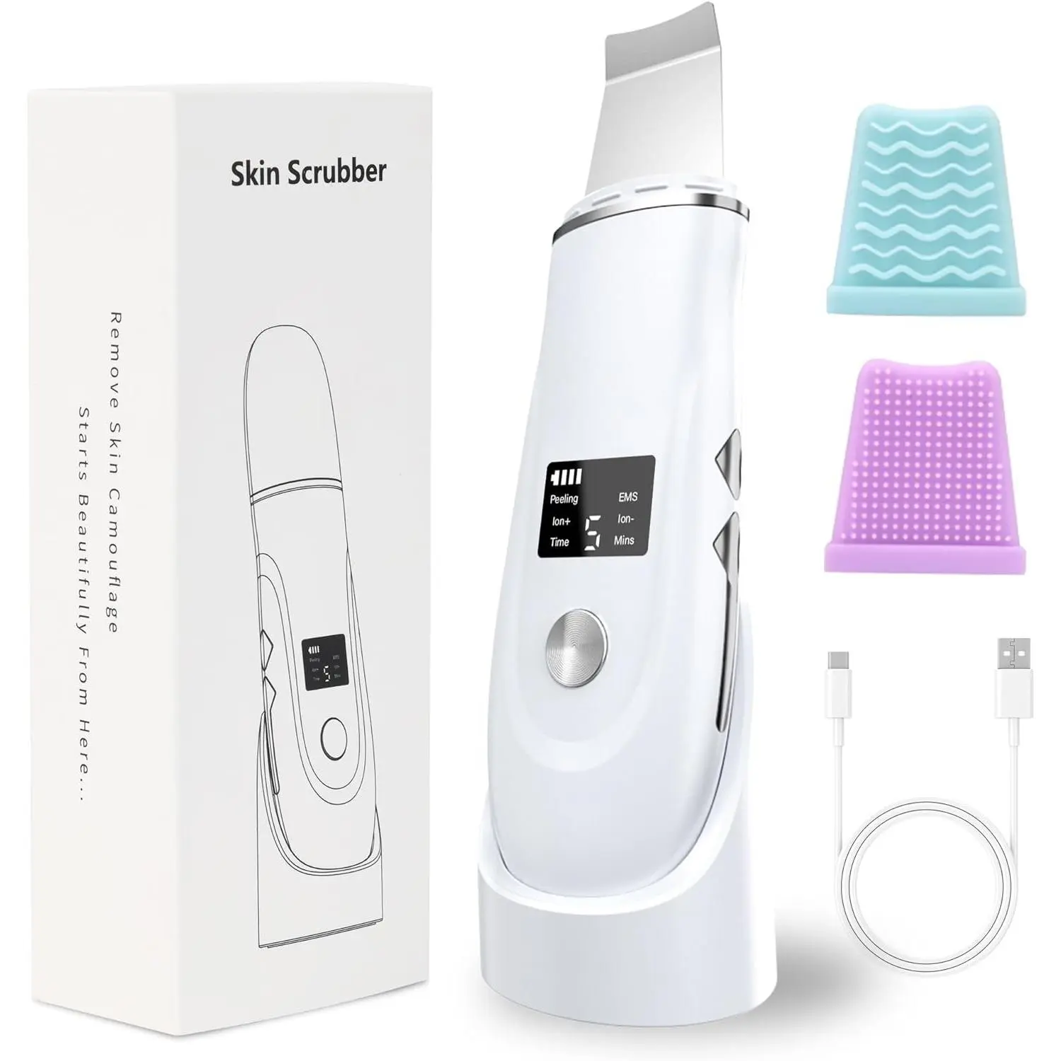 Women's 4-in-1 Facial Massager Tool - Face Scrubber Skin Spatula, Blackhead Remover for Deep Cleansing, Pore Extraction, with Fast Charging Dock, Ideal Gift (White)