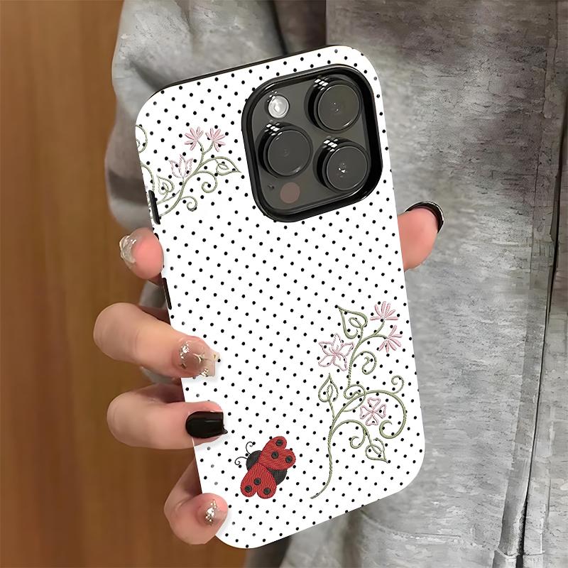 Polka Dot Ladybug Pattern Phone Case , Shockproof Rugged Cover Dual Layer Soft TPU Hard Bumper Shell for iPhone 7 8 X XR 11 12 13 14 15 16 17 Pro Max Plus Air, Cute Y2K Art Style, Kawaii Floral