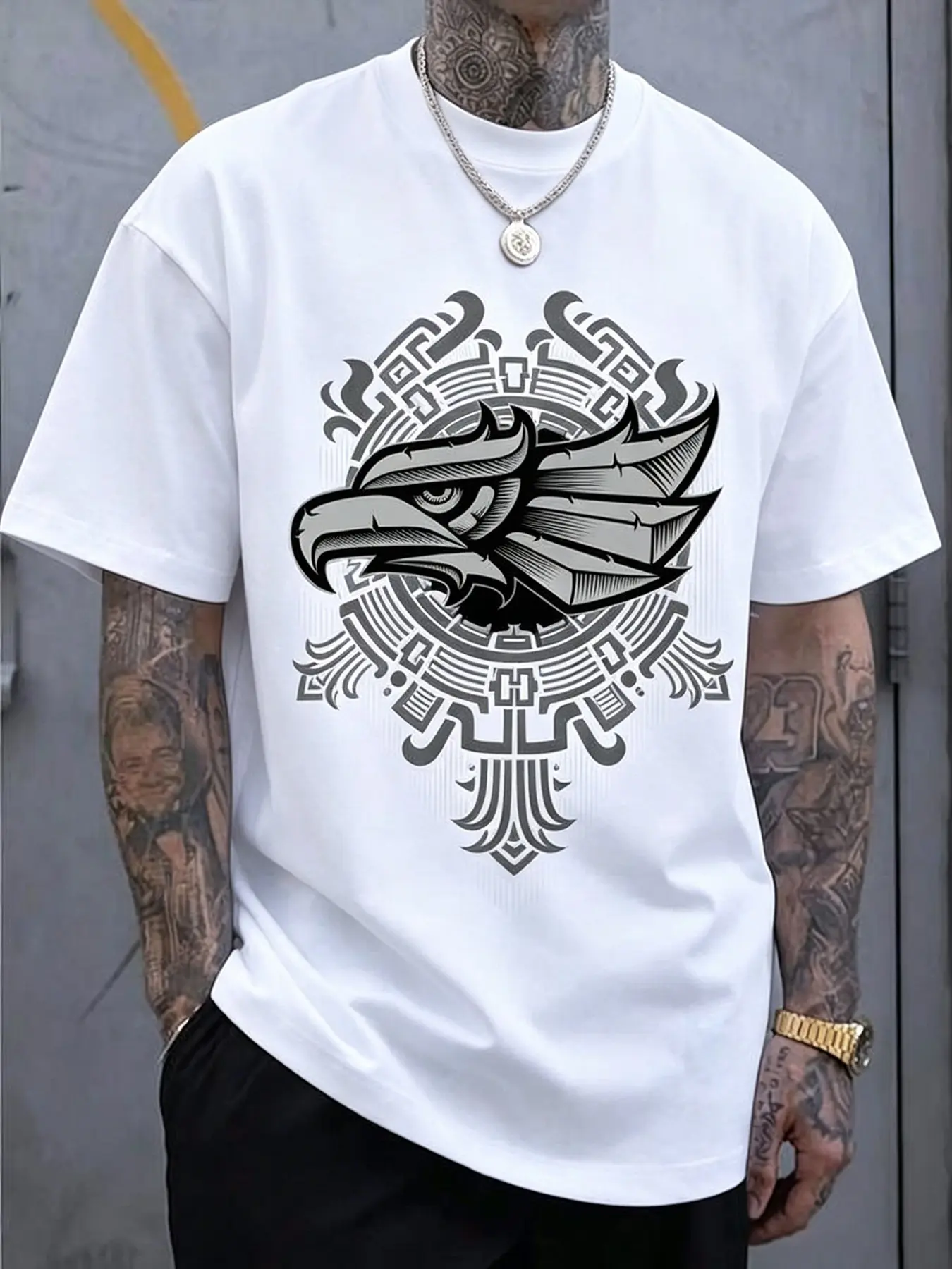 Men's Aztec Totem Eagle Print Short Sleeve T-Shirt, Oversized Loose Fit, Relaxed Fit Fashion, Round Neck, Casual Summer Top, Mexican Culture Tee