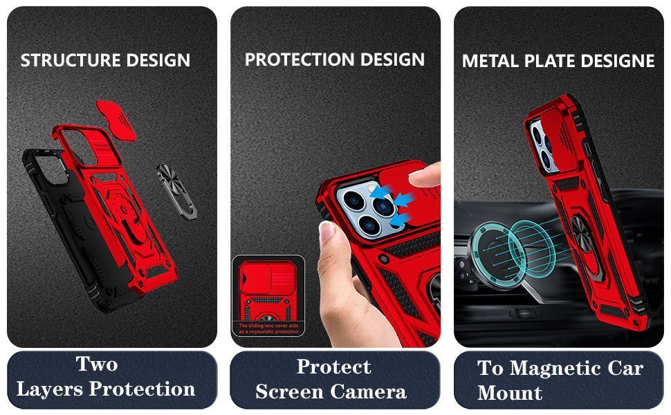 SunStory Compatible with iPhone 13 Pro Case with HD Screen Protector & Slide Camera Cover & Rotated Ring Kickstand, [Military-Grade] Phone Case for iPhone 13 Pro 6.1"(Red)