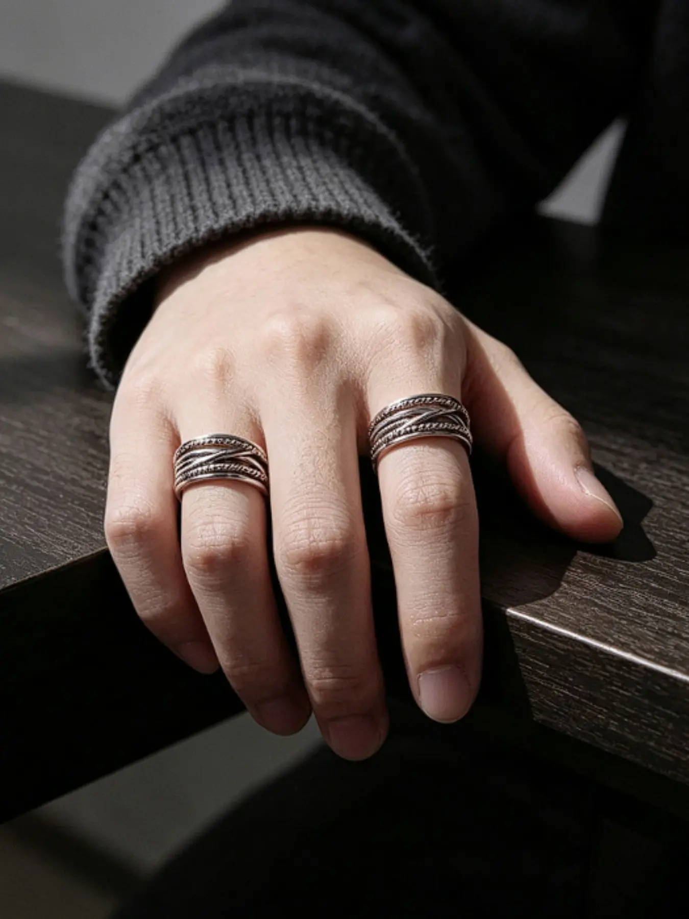 5pcs/3pcs/1pc Boho Braided Wide Ring Set, Vintage Silver Color Interlocking Open Adjustable Ring,, Bohemian Style Jewelry, Boho Style Rings