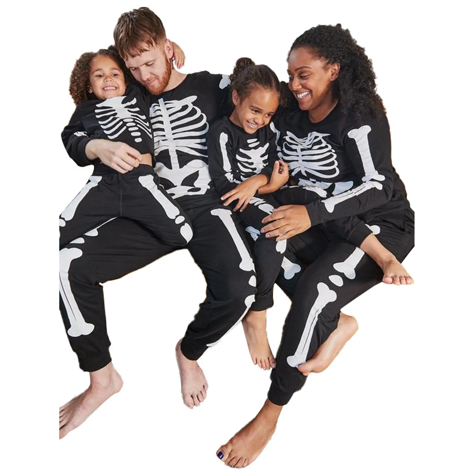 Halloween Family Matching Pajamas Adult Kids Skull Skeleton Print Long Sleeve Tops and Stretch Casual Pants Sleepwear