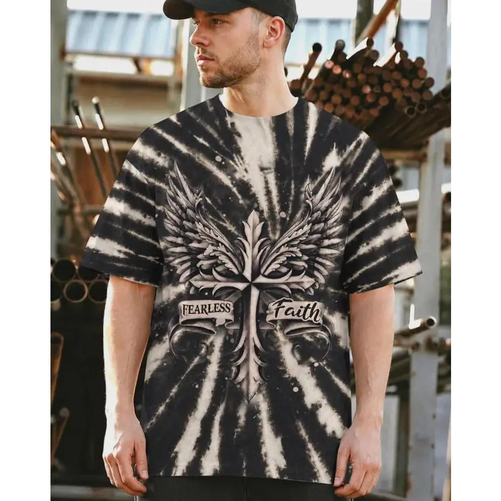 Tie Dye Double-Sided Print T-Shirt, Fearless & Faith Winged Cross Graphic Tee, Philippians 4:13 Bible Verse "I Can Do All Things Through Christ Who Strengthens Me", Christian Religious Casual Short Sleeve Top #   TikTokMadeMeBuyIt #   TikTokShop # Philipp