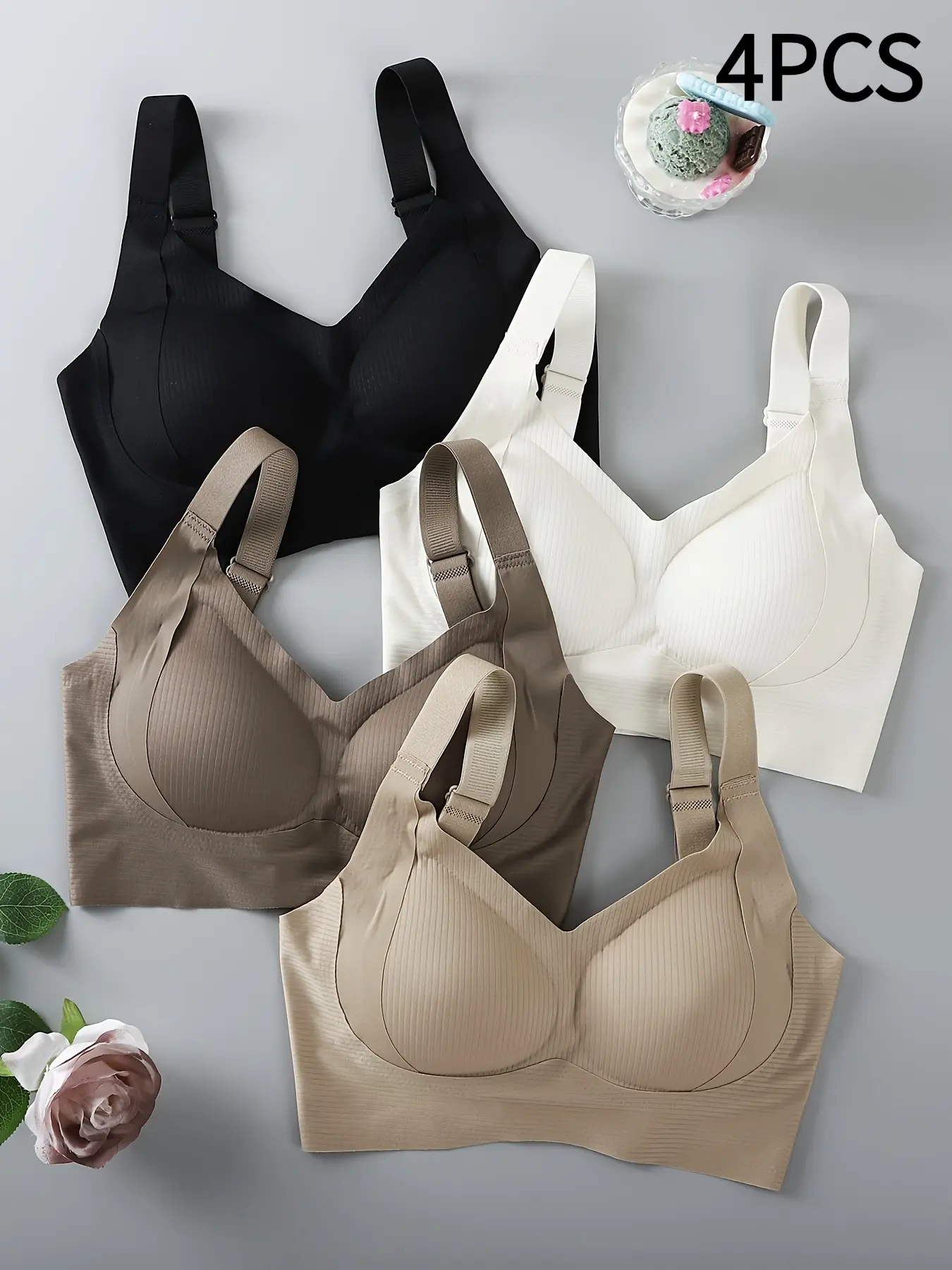 4-piece Women's Seamless Wireless Sports Bras - Soft Cup Yoga Bras with Medium Support, Striped Rib Design, Adjustable Straps and Removable Pads, Suitable for Fitness, Running, and Everyday Casual Wear | Comfortable Fit for Women