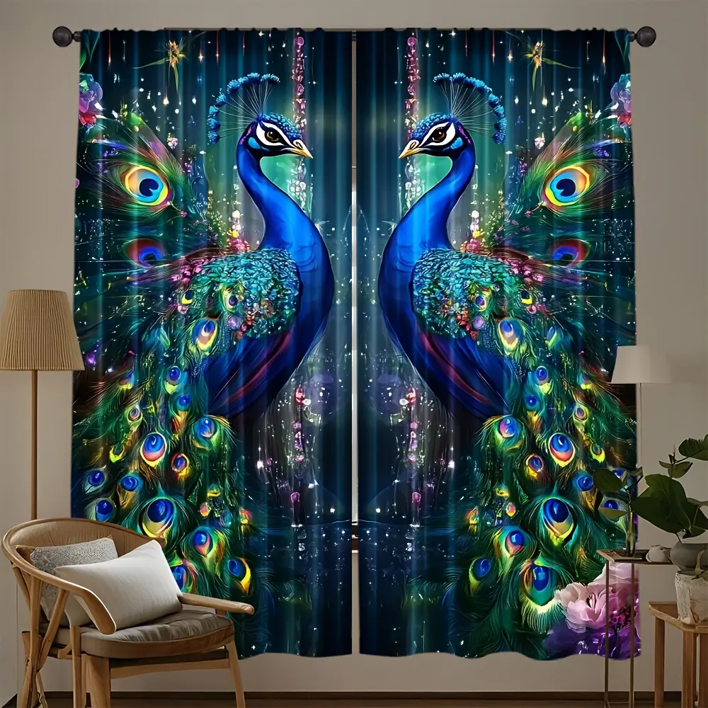 2-piece set, curtain & window peacock pattern 3-piece set, multifunctional, 100% polyester (excluding rod, no movement, no batteries), bedroom, living room, home decoration, room decoration grommet design Snowman Winter Scene