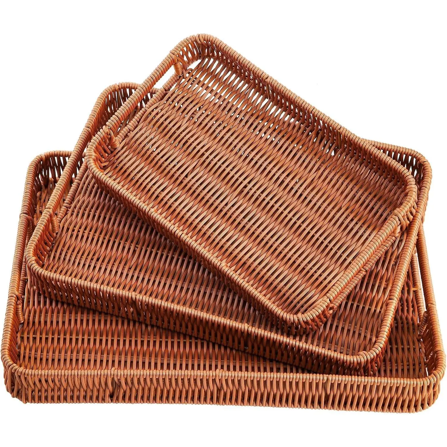 3 Pack Woven Baskets Serving Trays with Handles, Plastic Wicker Bread Baskets Rectangular Platters for Fruit, Vegetables, Breakfast, Snacks, Dining Coffee Table, 3 Sizes