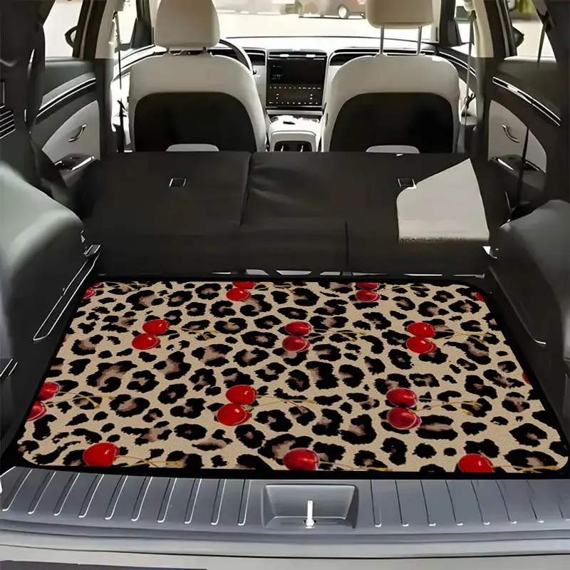 Leopard Print And Red Cherry Pattern Car Trunk Mat, Automotive Mats, Soft, Easy to Clean, Stain-Resistant, Resistant to Deformation, Suitable for Decorating a Variety of Car Models to Create a Unique Ambience
