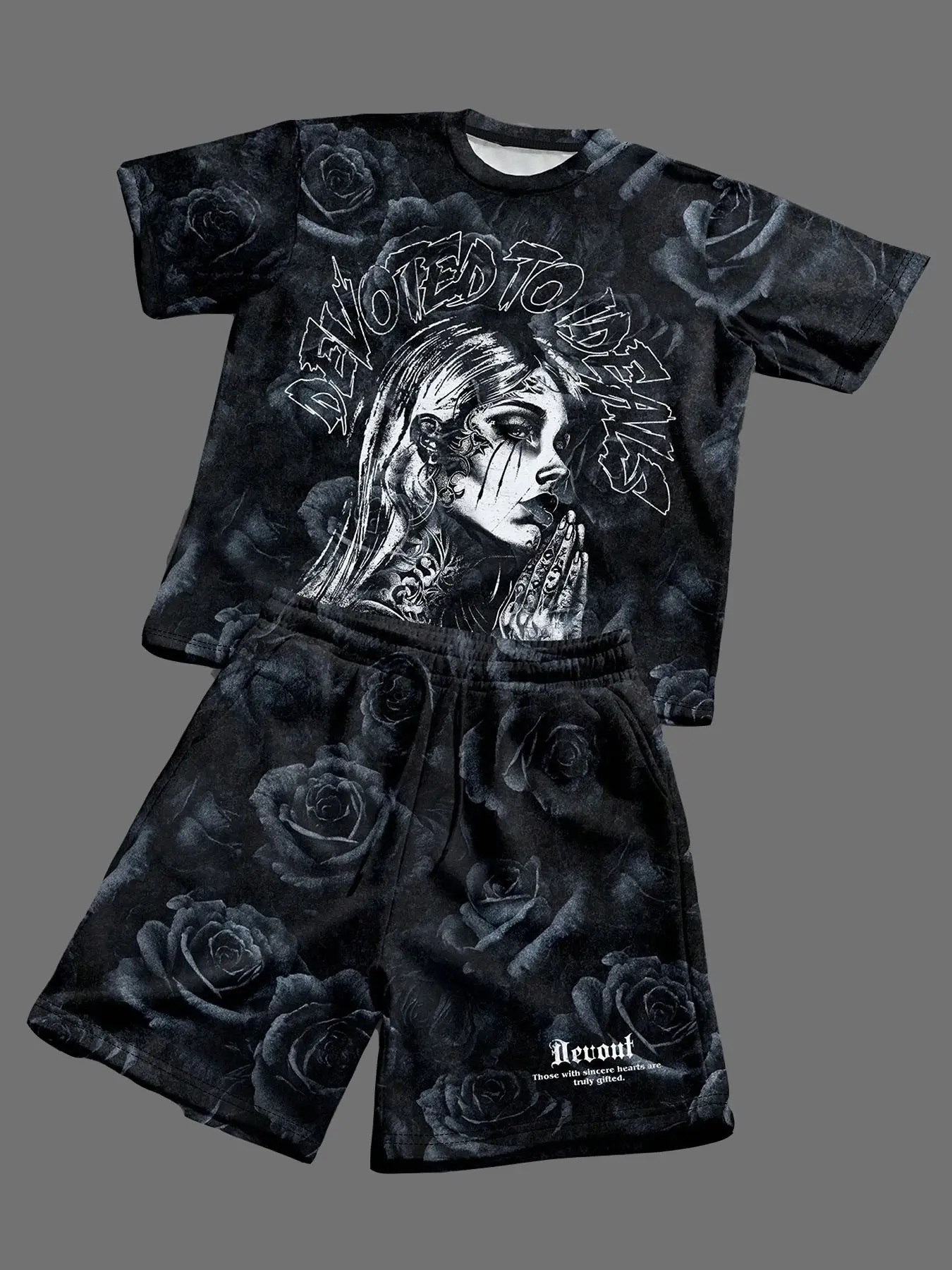 Dark Gothic Chicano Portrait All Over Rose Print Mens Two Piece Outfit Loose Lightweight Breathable Crew Neck Graphic Tee Drawstring Casual Shorts Vintage Grunge Monochrome Streetwear Aesthetic Suit Summer Skate Hangout Night Out Alternative Festival Matc