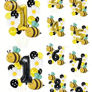 15-Piece Bee Theme Party Balloons Set, Number Balloons, Cartoon Bee & Daisy Alumina Film Balloons, Ideal for Kids' Birthday Parties