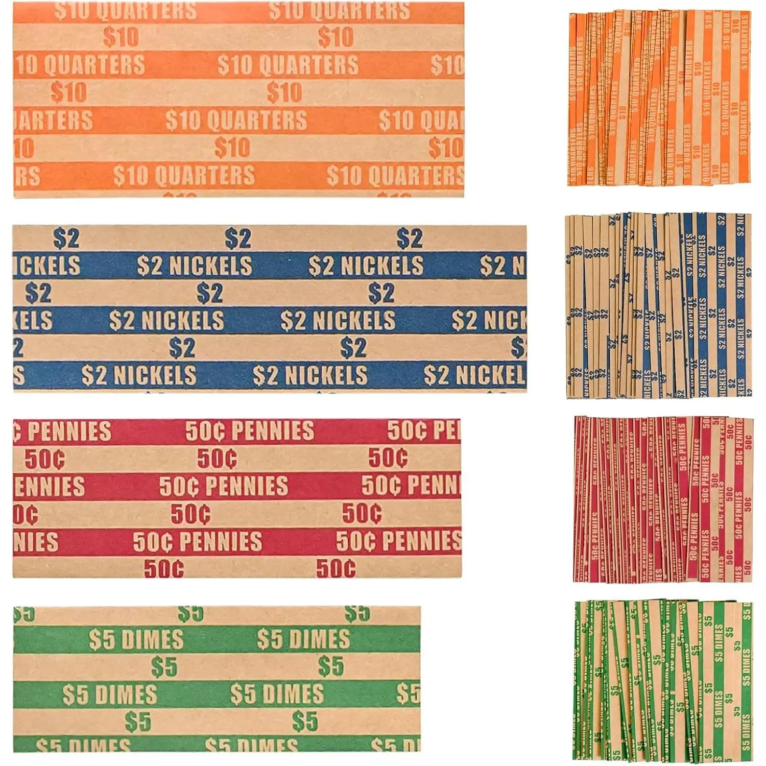 100 Assorted Flat Coin Wrappers for Penny, Nickel, Dime, Quarter