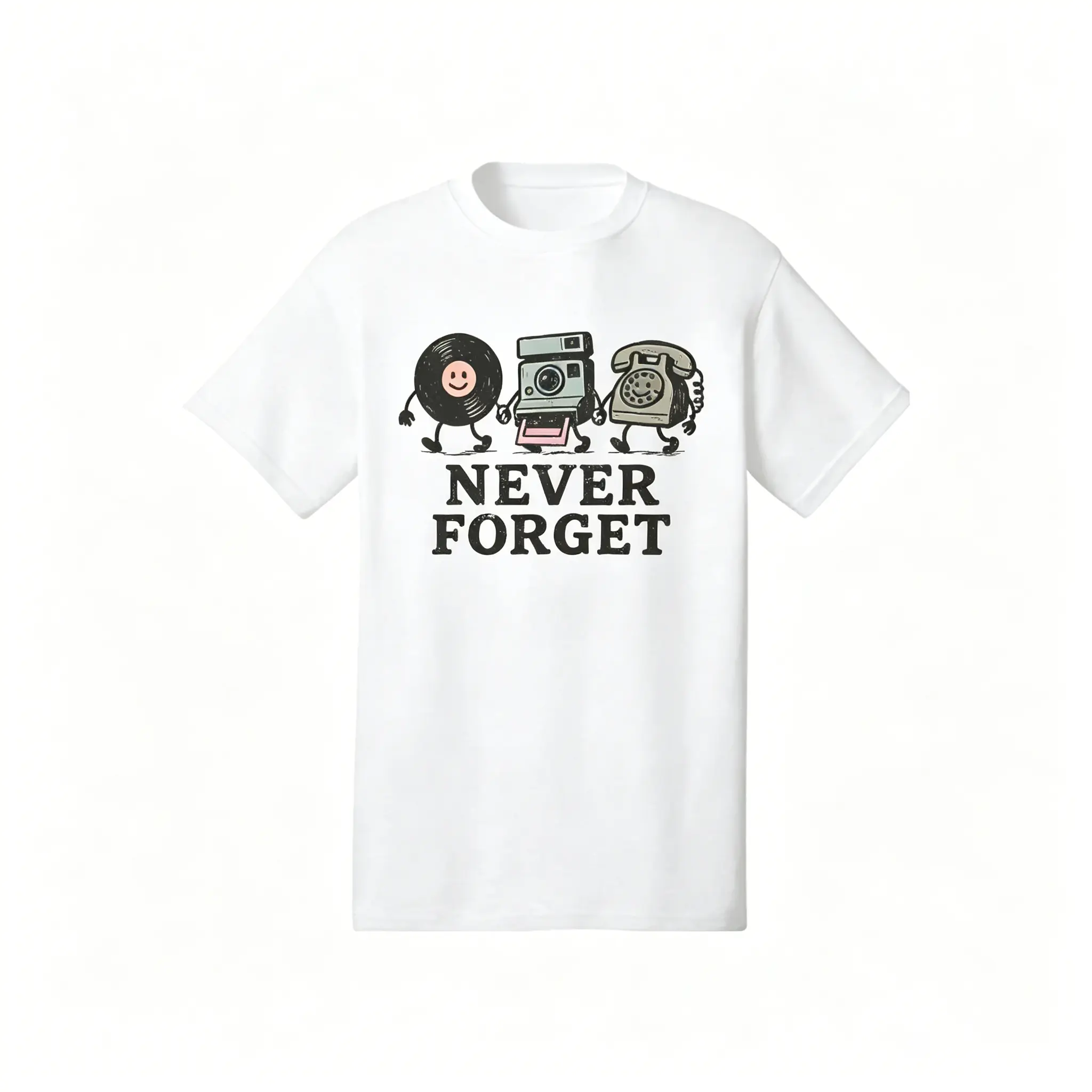 Menswear Graphic T-Shirt with Retro 'Never Forget' Print, Unisex Cotton Streetwear Top, Fade-Resistant, Twill, Cotton Twill, Fitted