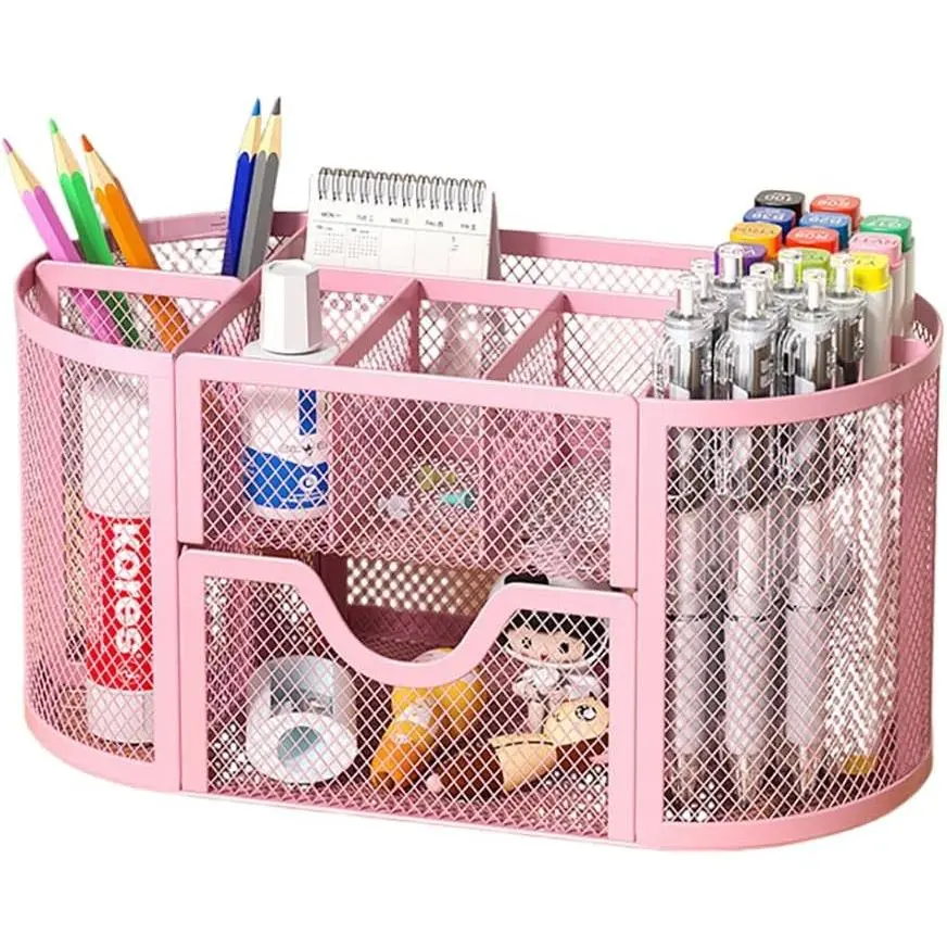 Wire Mesh Desk Organizer, Pink Pen Holder and Desk Organizer with Compartments, Desk Drawer Organizers and Accessories for Office School Home Supplies Teacher Students