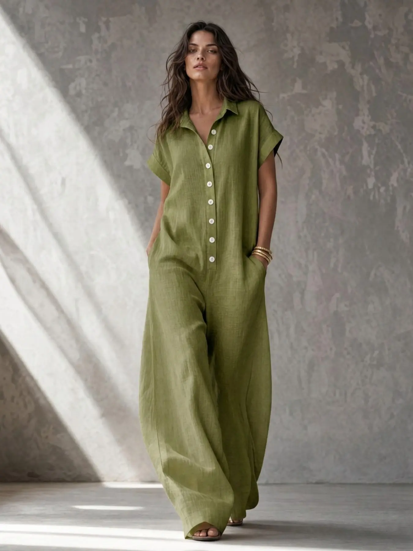 Women's French Style Solid Shirt Collar Romper, Summer Lazy Wind Loose Fit Short Sleeve Button Front Wide Leg Pants, Chic Versatile Casual