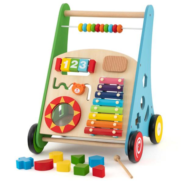 Multifunctional Wooden Baby Walker - 7+ Activity Center (Xylophone/Shape Sorter/Mirror), 3+ Years Old