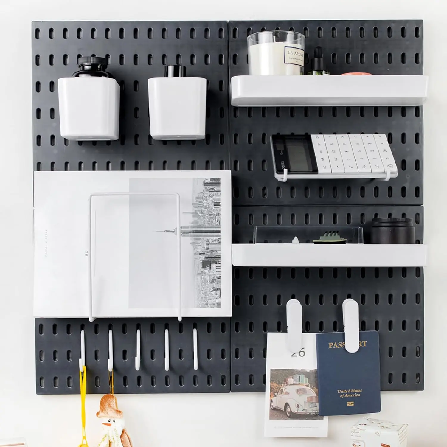 Pegboard Combination Kit for Wall Organizer, Wall Mounted Peg Board Kits for Kitchen, Bedroom, Office, &Bathroom, 4 count Black Pegboards and 14 Accessories, 22" x 22"