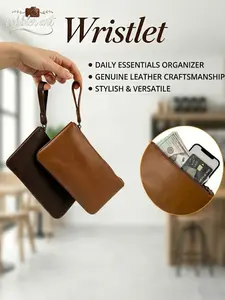 Unisex Vintage Genuine Leather Clutch, Large Screen Phone Wallet, Car Headrest Strap, Durable Metal Zipper, Retro Workwear Style